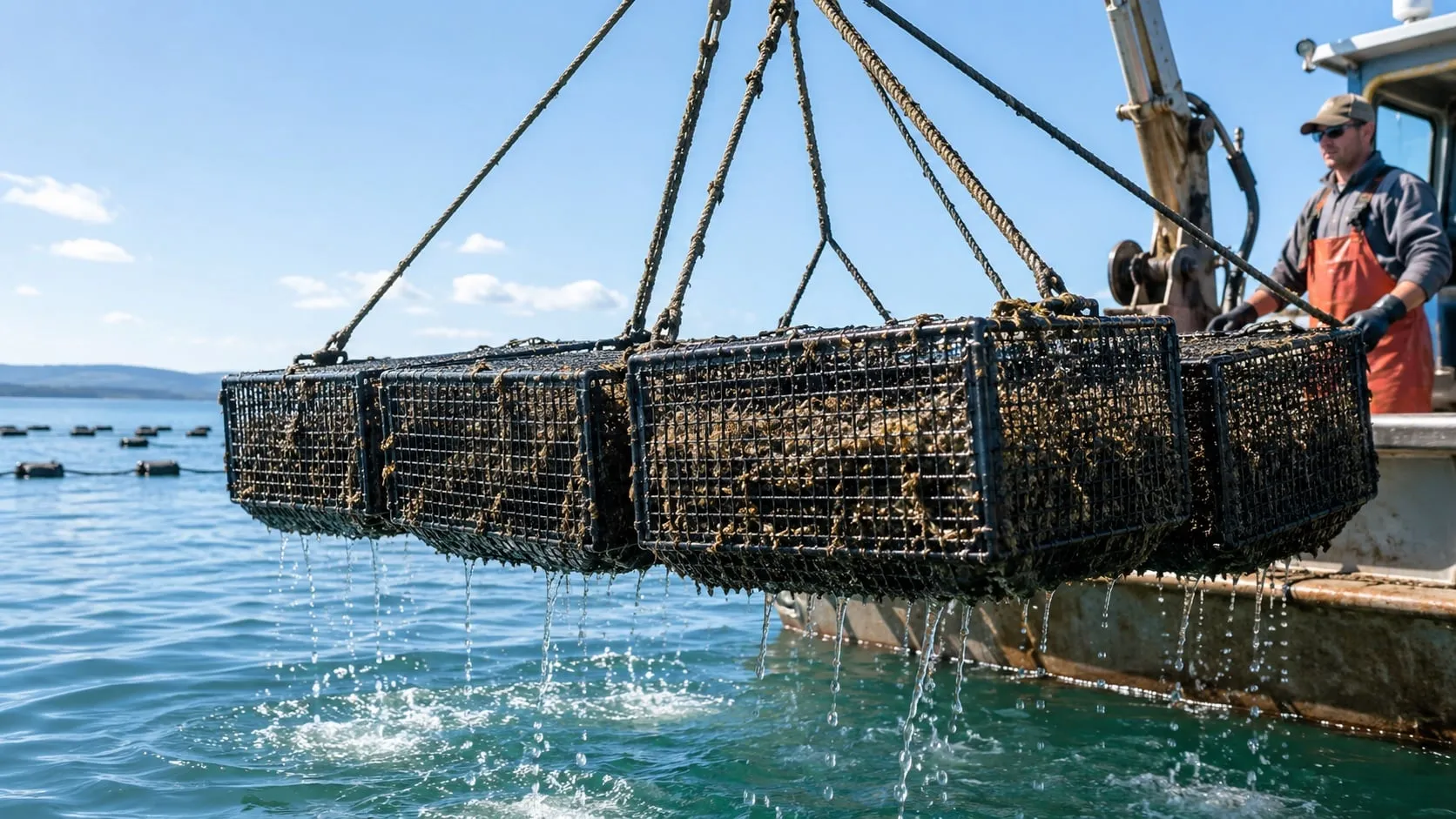 Coastal aquaculture farm with rows of floating buoys and grow-out cages on calm water under a clear sky