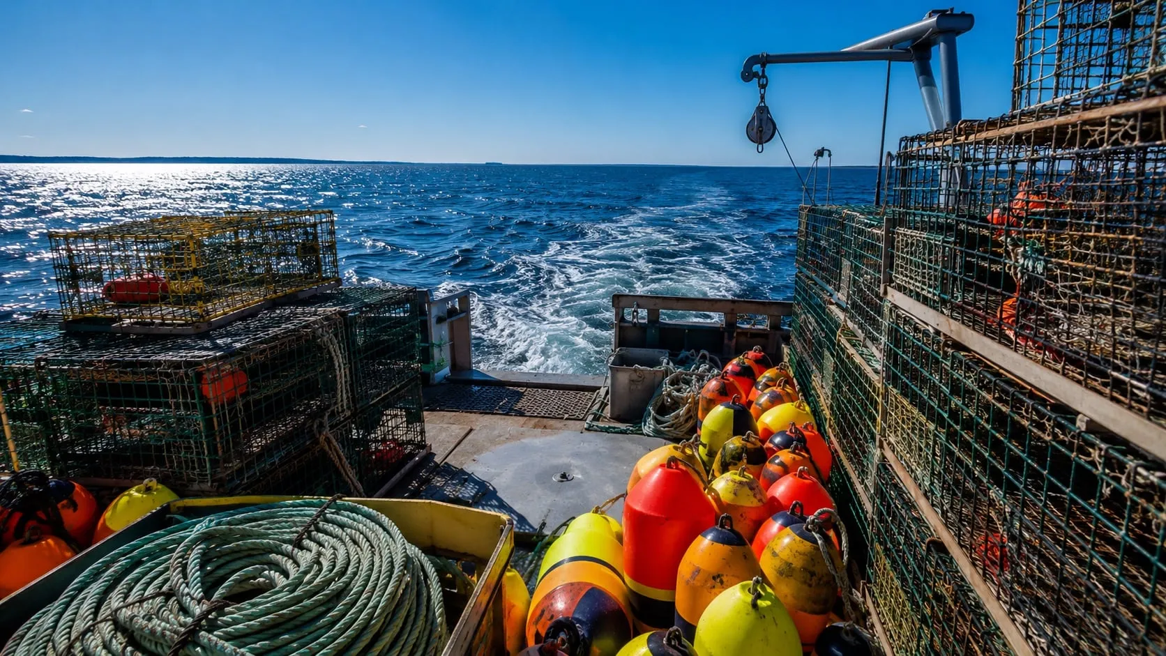 Commercial fishing vessel deck stacked with vinyl-coated wire traps and buoys in a sunlit harbor