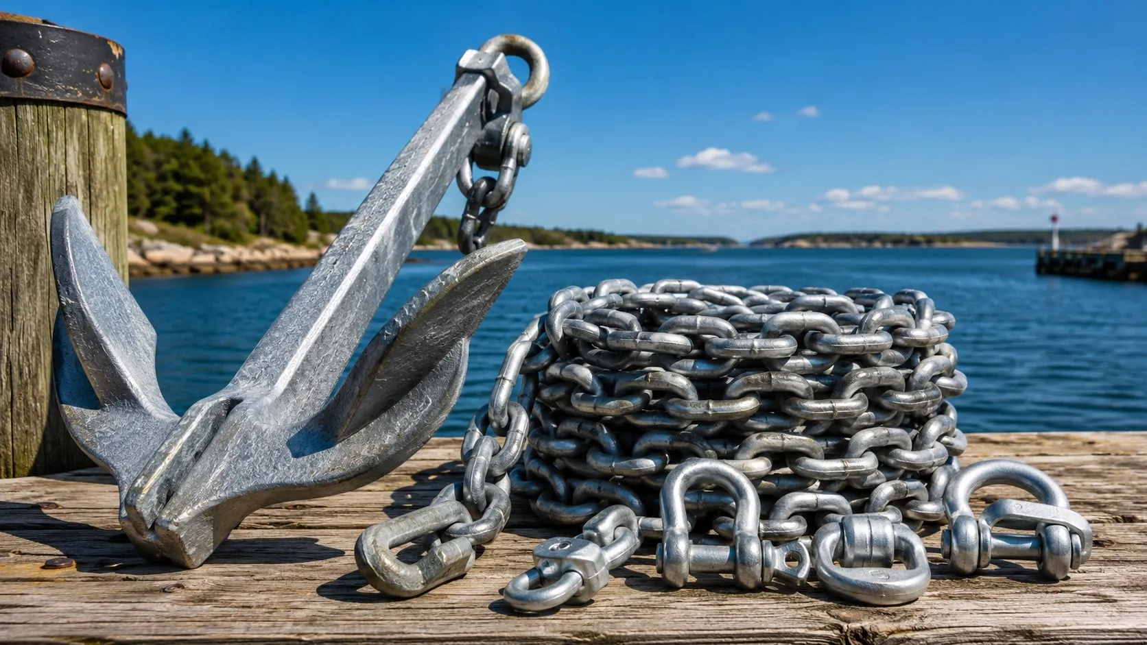 Galvanized marine anchor, anchor chain, shackles and swivels on a sunlit dock beside calm water