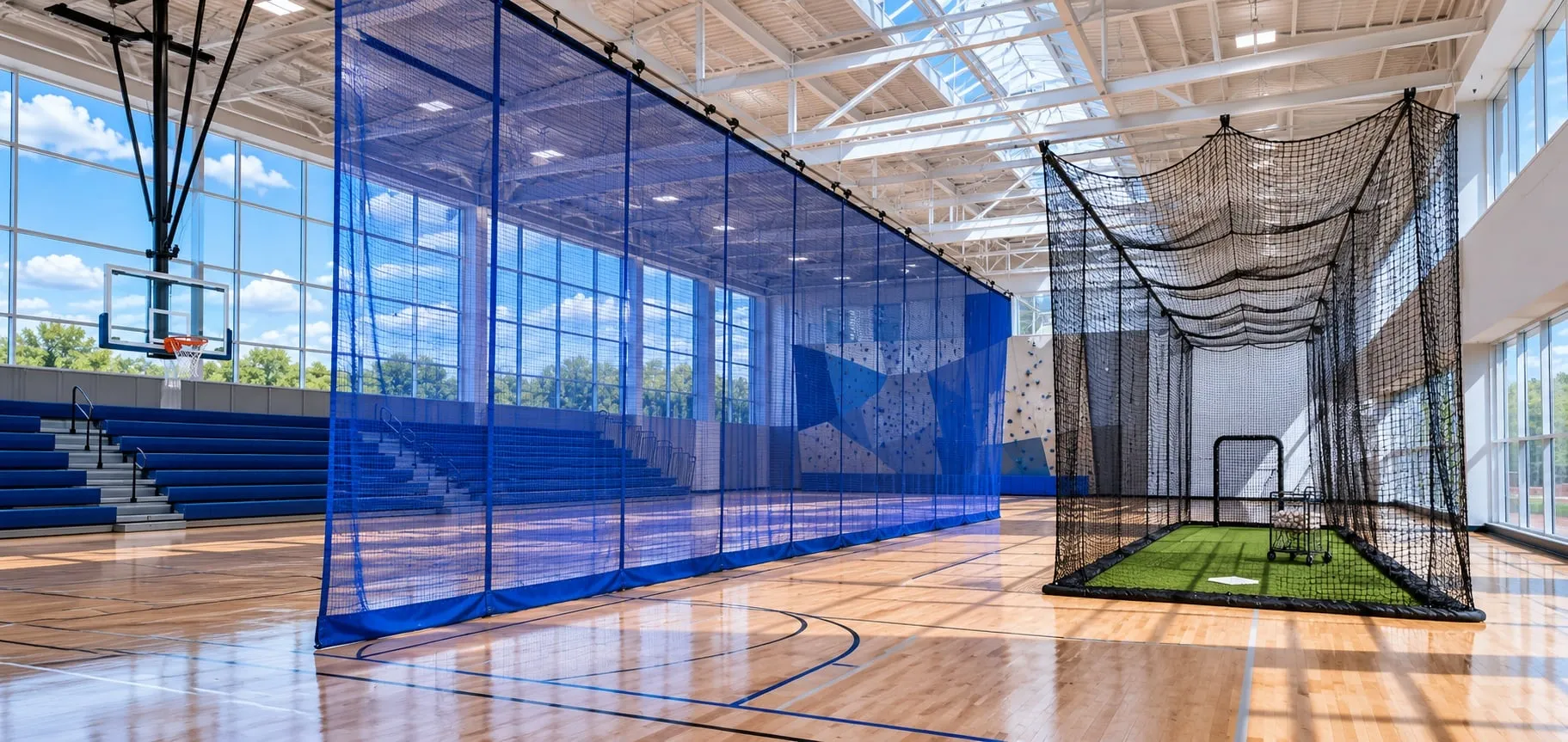 Indoor sports facility with suspended divider netting and batting-cage tunnels in bright daylight